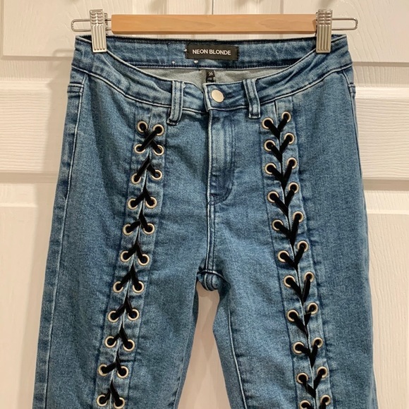 Neon Blonde Blondie Mid Rise Tie Up Blue Valentine Skinny Jeans - Picture 6 of 16